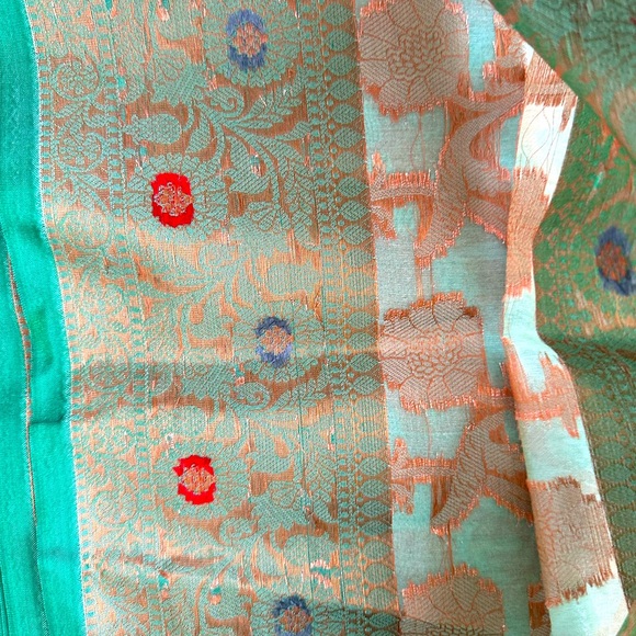 Indian women saree semi Banarasi with unstitched blouse pista green / orange - Picture 3 of 7